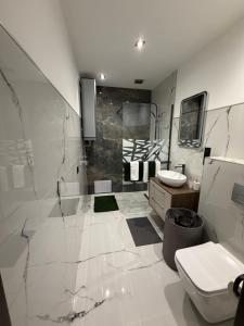 a bathroom with a shower and a toilet and a sink at Guest Apartman in Tiszakécske +13 photos