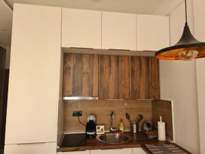 a kitchen with white cabinets and a sink at Milmari N2 Erdeg in Kopaonik