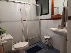 a bathroom with a shower and a toilet and a sink at Hostal Rucatremo in Curicó