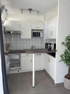 a kitchen with white cabinets and a counter top at Studio Le Mûrier in Saint-Martin-dʼHères