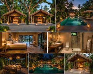 a collage of photos of a house and a swimming pool at EMERALD HAVEN Safari Glamping in Udawalawe