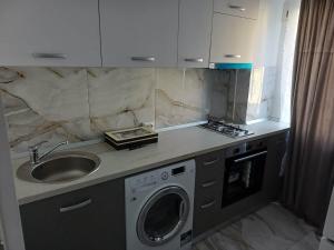 a kitchen with a sink and a washing machine at Ibo in Brăila