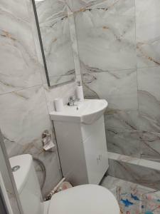 a bathroom with a white toilet and a sink at Ibo in Brăila