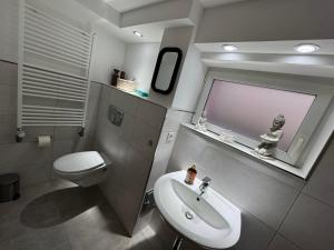 a bathroom with a sink and a toilet and a window at Toms FeWo in Losheim