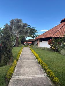 a walkway in front of a house with palm trees at Finca La Yeye in Puentetierra