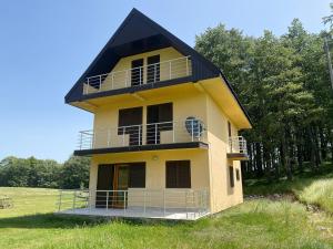 a yellow house with a black roof on a field at Family house, Savin kuk in Žabljak