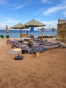a group of lounge chairs and umbrellas on a beach at Genena Eco-lodge in Nuweiba