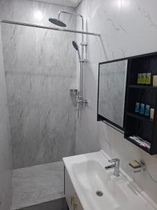 a bathroom with a sink and a shower with a mirror at Comfort Hotel in Almaty