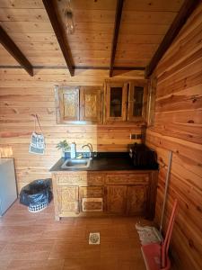 a kitchen with a sink in a wooden cabin at اكواخ بيلا 2 in Taif