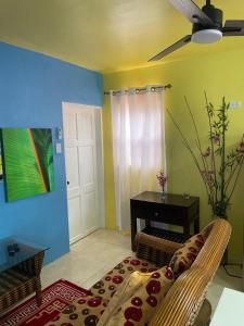 a living room with a couch and a ceiling fan at Attre guesthouse in Basseterre