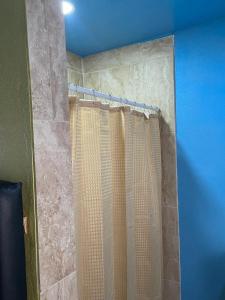 a shower with a shower curtain in a bathroom at Attre guesthouse in Basseterre