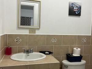 a bathroom with a sink and a toilet with a mirror at Apartamentos Trebol in Comayagua