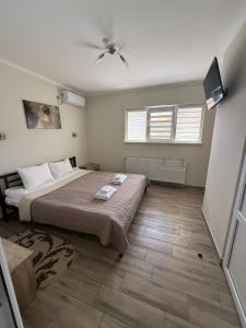 a bedroom with a bed and a ceiling fan at Hotel ELYSIUM in Irshava