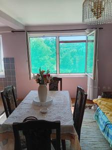 a dining room table with a vase of flowers on it at Ljiljana apartmani Banja Vrujci in Rakari +1 photo