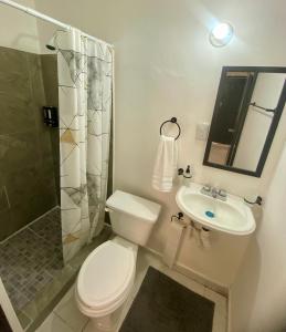 a bathroom with a toilet and a shower and a sink at Depas Expo Estadio in Monterrey +18 photos