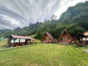 eine Gruppe von Holzhütten auf einem Grasfeld in der Unterkunft Cabanutze Satic in Rucăr