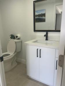 a bathroom with a toilet and a sink and a mirror at cozy bohemian in North Miami +19 photos
