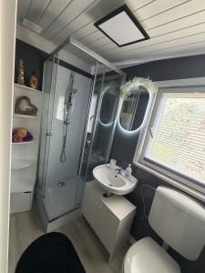a small bathroom with a shower and a sink at Annas Ruheoase in Meißendorf +9 photos