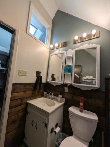 a bathroom with a toilet and a sink and a mirror at Serene A-frame Cabin Pet Friendly Panoramic View in Sun Valley +51 photos
