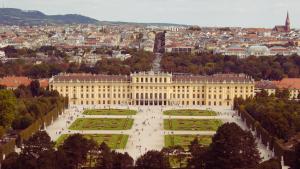 an aerial view of a large building in a city at dreamfactory Residence - Royal Westside in Vienna