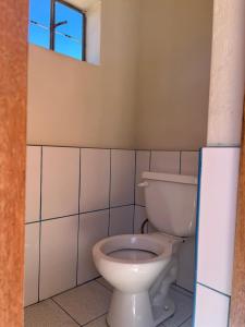 a bathroom with a toilet and a window at Kusikuy Wasy Lodge in Puno