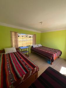two beds in a room with green walls and a window at Kusikuy Wasy Lodge in Puno +5 photos