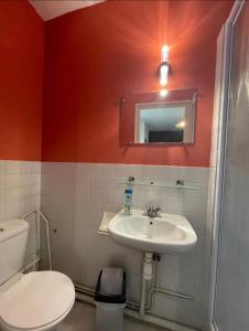 a bathroom with a sink and a toilet and a mirror at Chambres du Causse in Saint-Cernin-de-Larche +1 photo