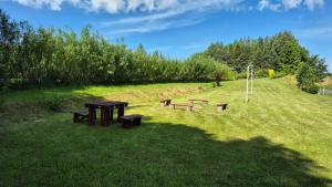 a group of picnic tables and benches in a field at Pole u Daniela in Grzybina