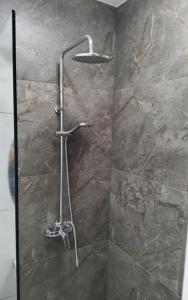 a shower with a metal shower head in a bathroom at Olimp Apartamenty in Konin +58 photos