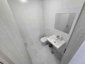 a white bathroom with a toilet and a sink at Apartma Tri Srca Radenci 3 sobe in Radenci +3 photos