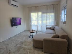 a living room with a couch and a table at BLV Apartments in Tsoukalades