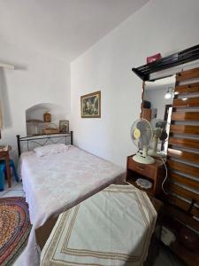 a bedroom with a bed and a fan at Sidirounta Traditional Home 2 in Chios