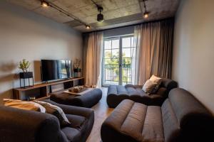 a living room with two couches and a television at THE LOFT - Garncarska 1 in Piotrków Trybunalski