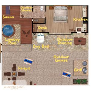 a floor plan of a house with a floor at Romantic Tiny Luxury Retreat w heated pool, sauna n outdoor shower in Wimberley 10 acres in Wimberley +43 photos