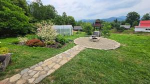 a garden with a stone path in the grass at Ya VDOMA in Kozmacz +21 photos