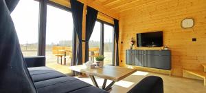 a living room with a couch and a tv and a table at Mazurska Puszcza domek pod klonem z balią ogrodową in Budy