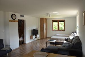 a living room with a couch and a table at Apartamenty pod Orzechem in Kościerzyna