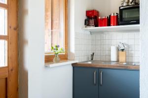 a kitchen with a sink and a counter top at Chalets im Landhotel Pferdeschulze in Hitzacker