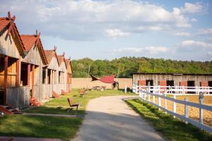 a dirt road next to a row of buildings at Chalets im Landhotel Pferdeschulze in Hitzacker