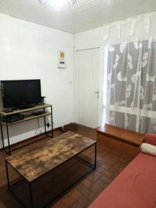 a living room with a tv and a coffee table at Location appartement plain pied T3 à 8 KMS de l'océan in Lit-et-Mixe