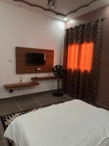a bedroom with a bed and a tv and a curtain at Hôtel La Parisienne in Louga