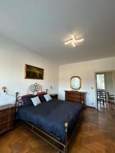 a bedroom with a bed and a ceiling fan at 120 mq trilocale e terrazzo in Moncalieri