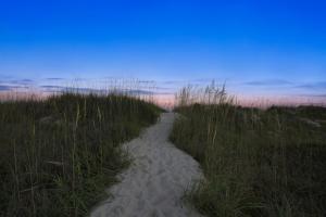 a path through the sand in a field of grass at Beach Getaway w Pool & Private Balcony in Atlantic Beach