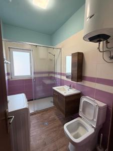 a bathroom with a toilet and a sink and a shower at Apartamente Shengjn in Shëngjin +28 photos