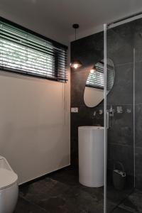 a bathroom with a toilet and a glass shower at Lobeliowe Domki in Chośnica +24 photos