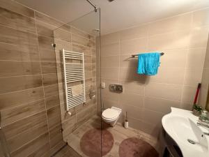 a bathroom with a shower and a toilet and a sink at Nautica Residence in Balatonfüred