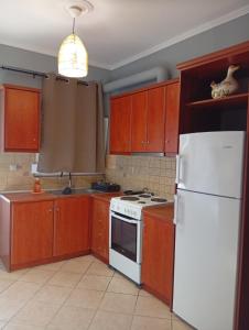 a kitchen with wooden cabinets and a white refrigerator at Amentas Luxury Apartments in Vrontádos