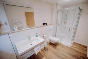 a bathroom with a sink and a shower and a toilet at Pescheks Tagungshaus Walsrode in Walsrode