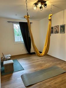 a room with a hammock hanging from the ceiling at A Napos Oldal Vendégház in Abaújkér