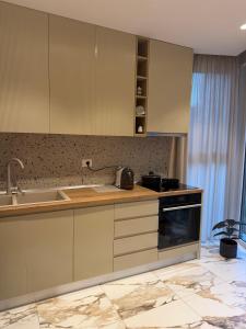 a kitchen with a sink and a counter top at Tirana Lake Bliss Apartment in Sauk